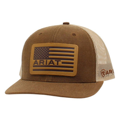 ARIAT  USA Flag Oilskin Leather Patch Cap, Brown